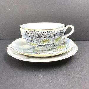 Vintage Japanese Porcelain Tea Trio Hand Painted Landscape – Signed – 1950s